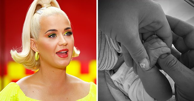 Pictured: Side-by-side photos of singer Katy Perry in a coordinated yellow look and her and fiance Orlando Bloom holding onto their then-newborn daughter's hand in the other | Source: Getty Images and Instagram/@katyperry