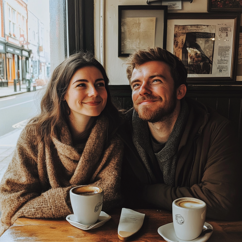 A couple sitting in a coffee shop | Source: Midjourney