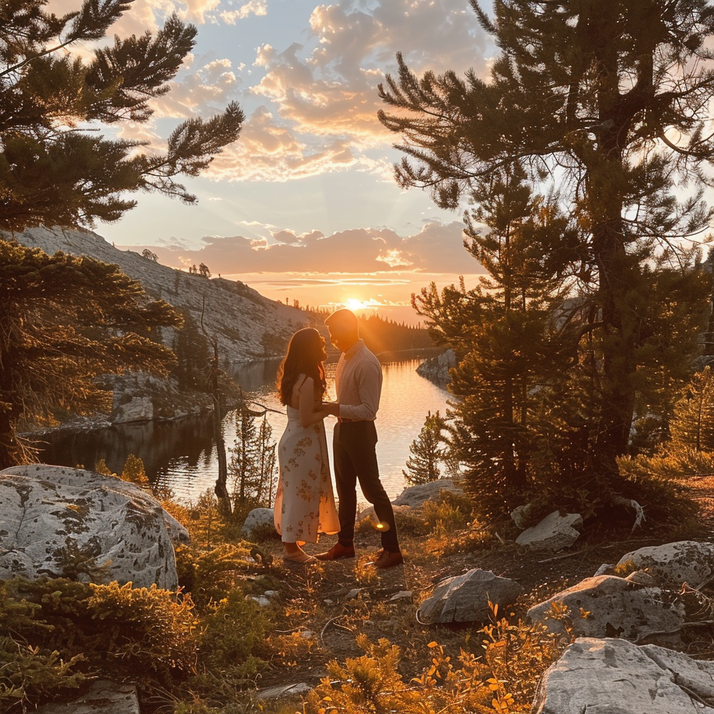 A couple staring at each other against the backdrop of the sunset | Source: Midjourney