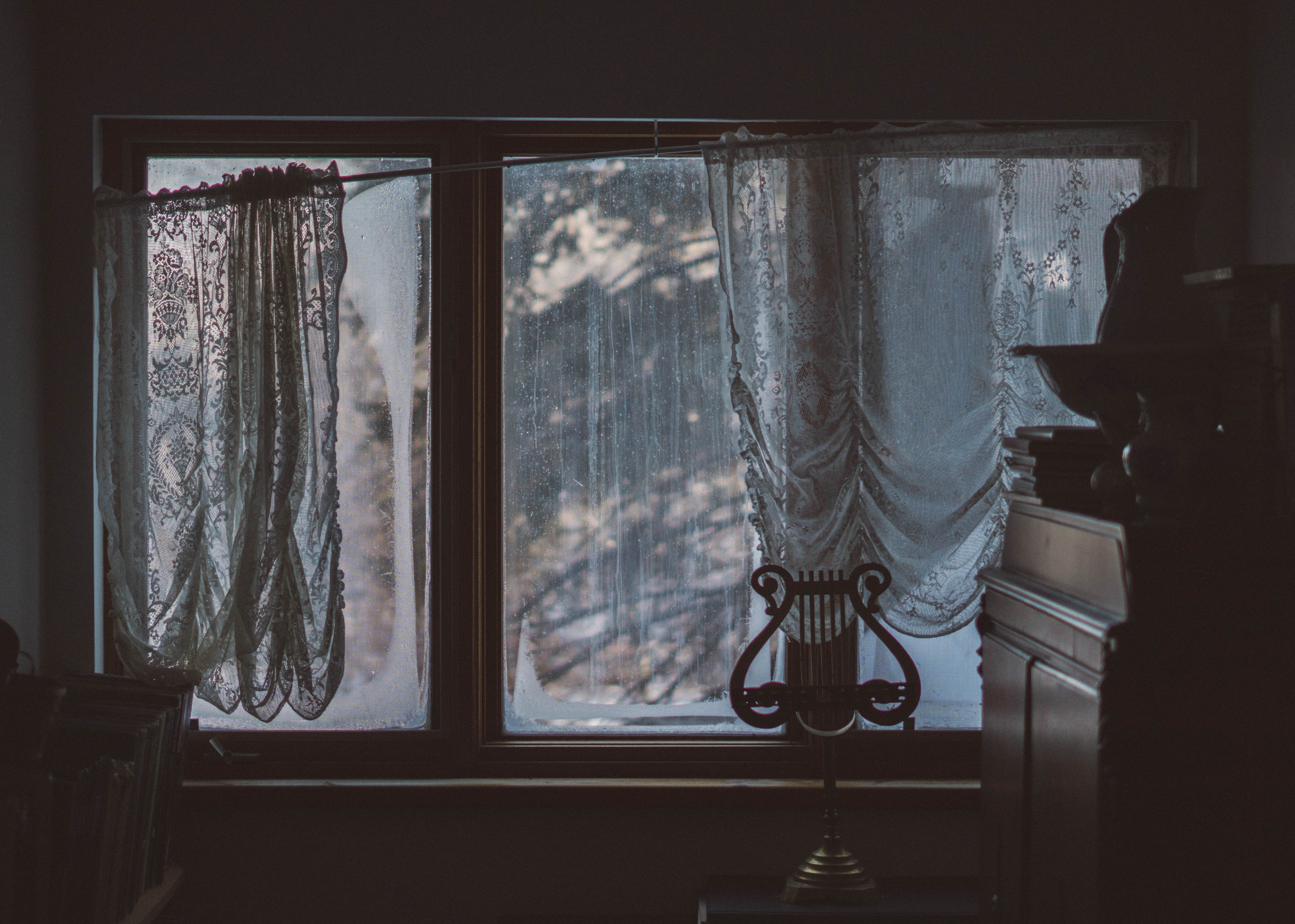The first door led to a huge, dark parlor, with dirty white lace curtains draped limply over the windows. | Source: Unsplash