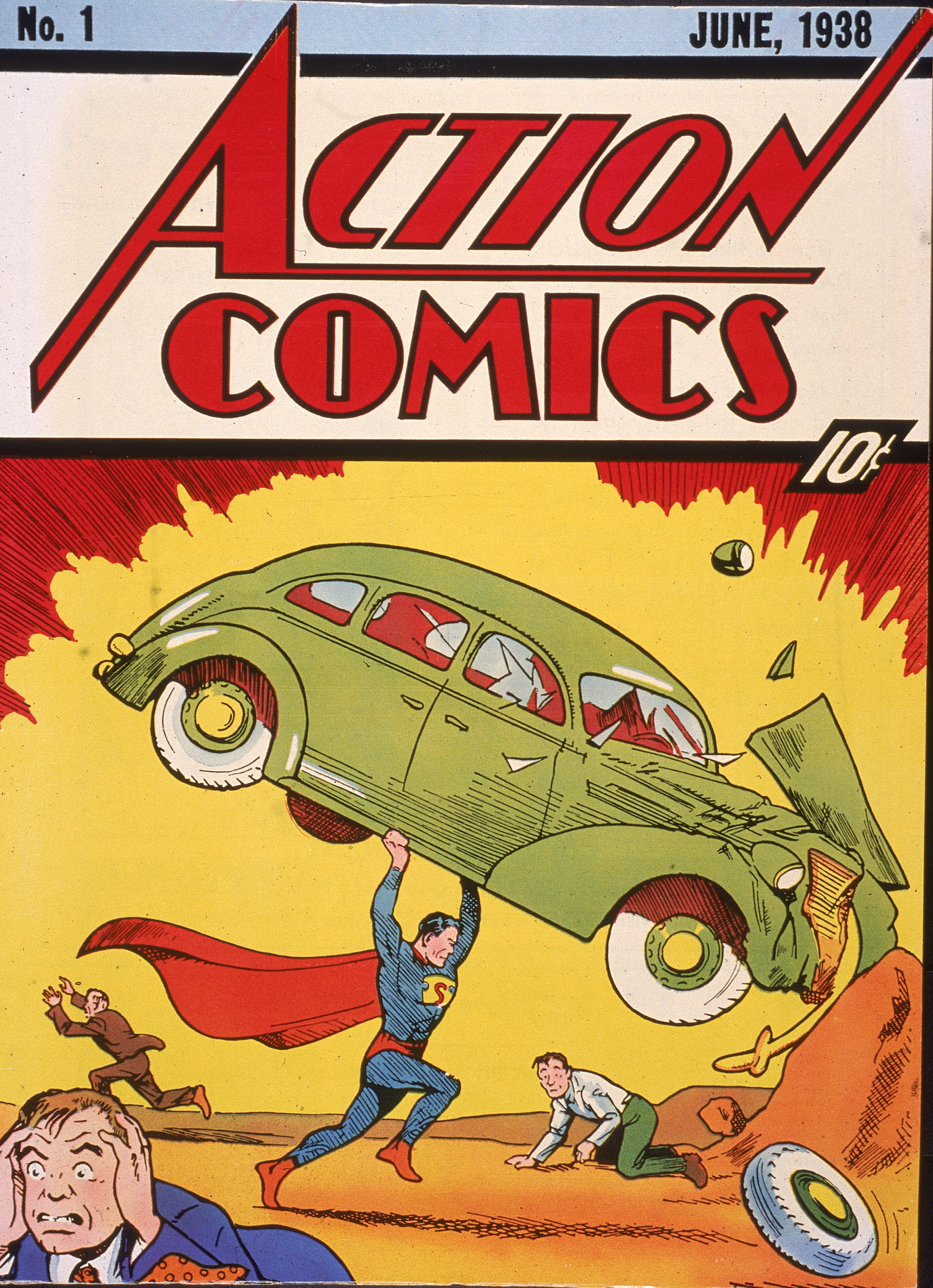 Photo of cover illustration of the comic book Action Comics No. 1 featuring the first appearance of the character Superman (here lifting a car) June 1938. | Source: Getty Images/Hulton Archive