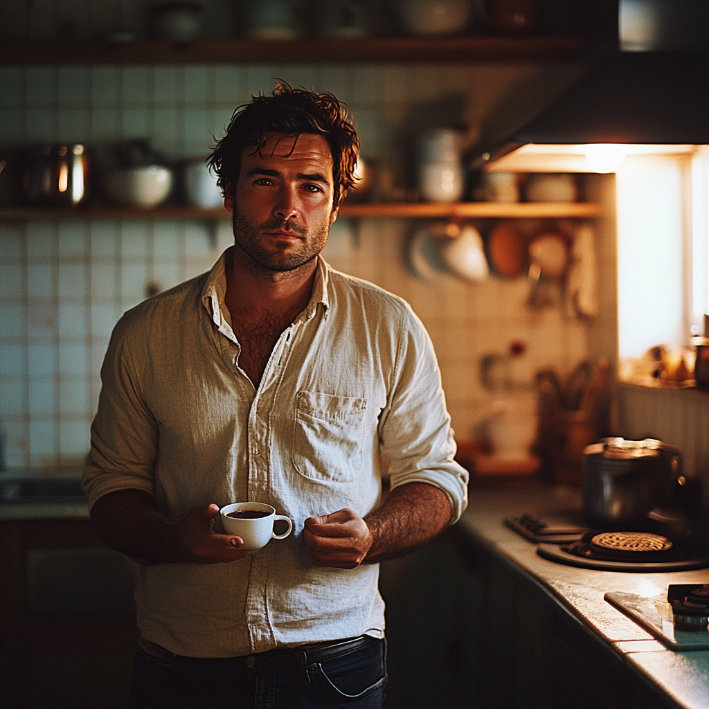 A tired man holding a cup of coffee in the kitchen | Source: Midjourney