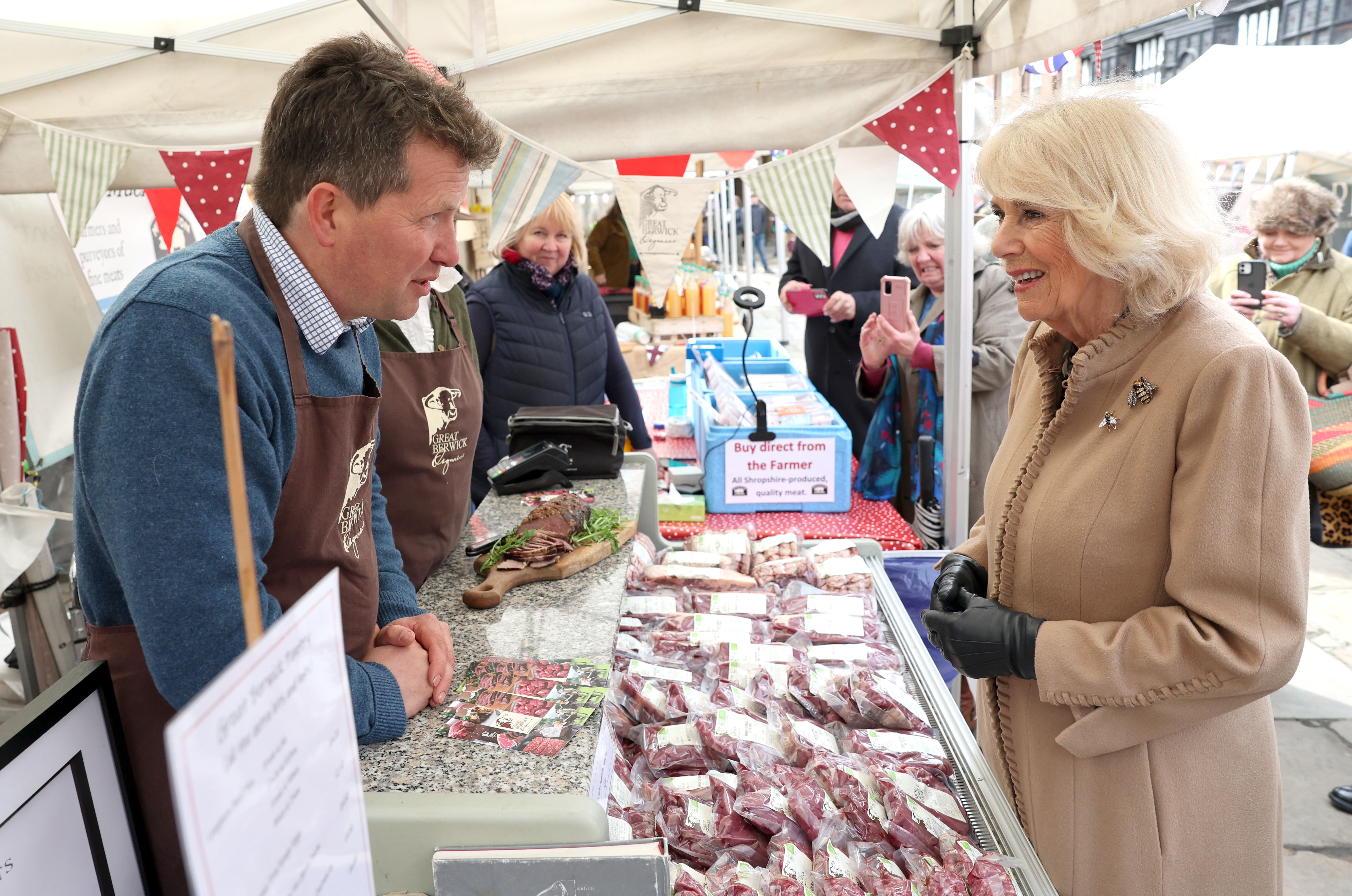 Queen Camilla during her visit to the Farmers' Market on March 27, 2024 in Shrewsbury, England | Source: Getty Images