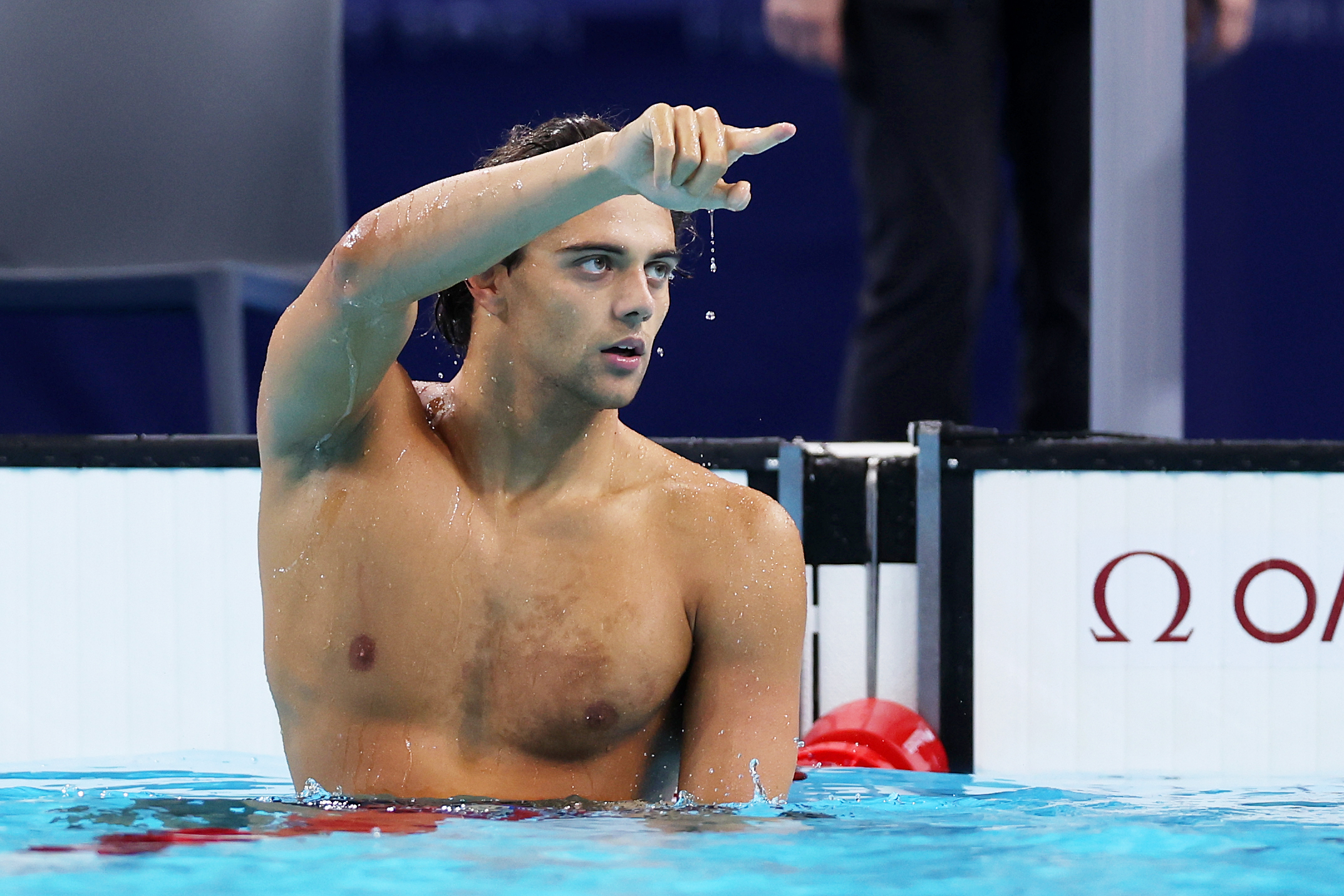 Thomas Ceccon after winning gold in the Men's 100m Backstroke Final during the Paris Olympics in Nanterre, France on July 29, 2024 | Source: Getty Images