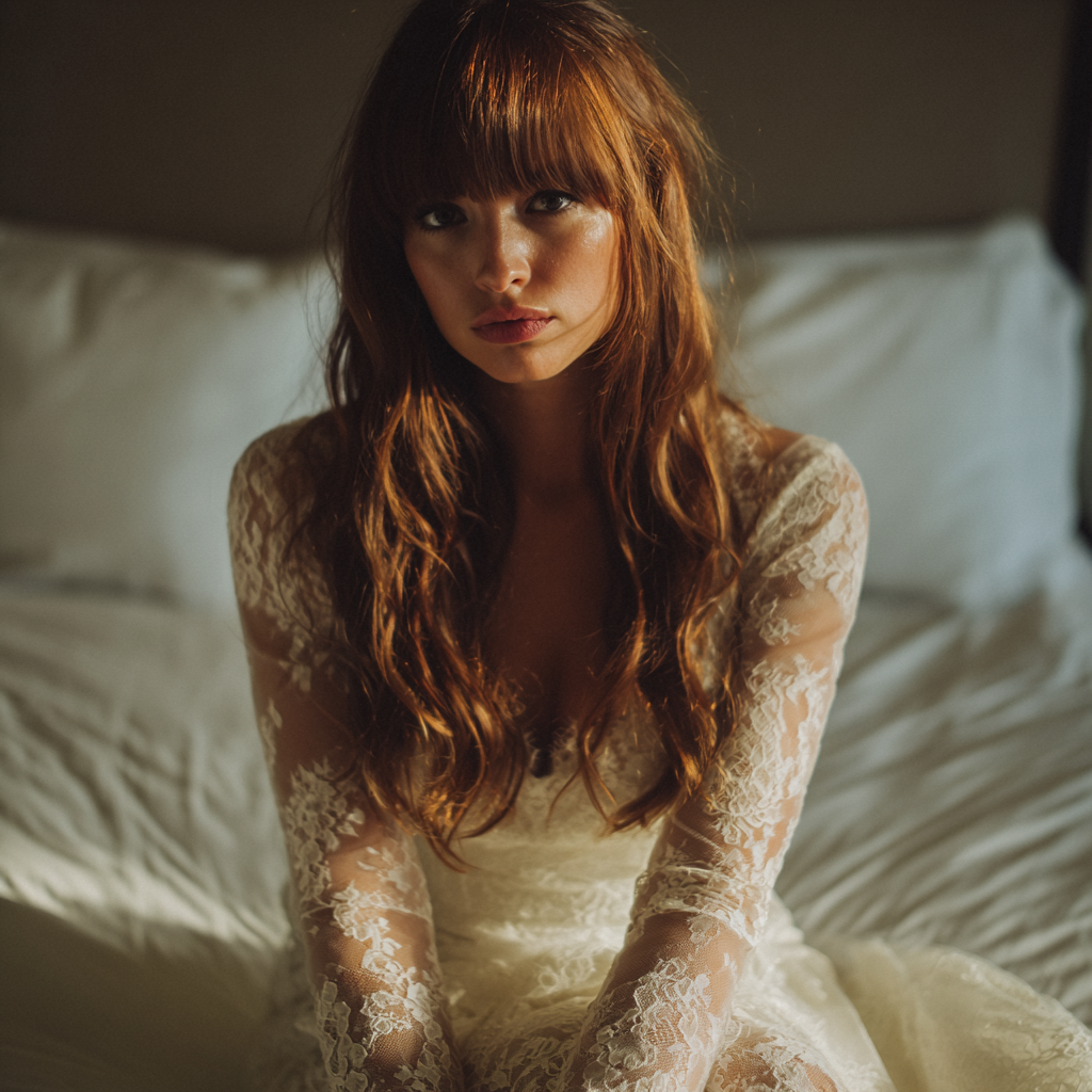 An upset woman sitting on a bed | Source: Midjourney