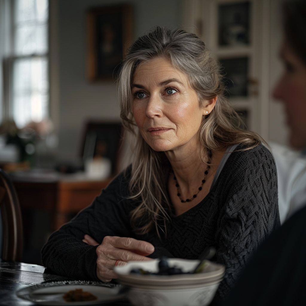 A middle-aged woman airing her concerns during a family dinner | Source: Midjourney