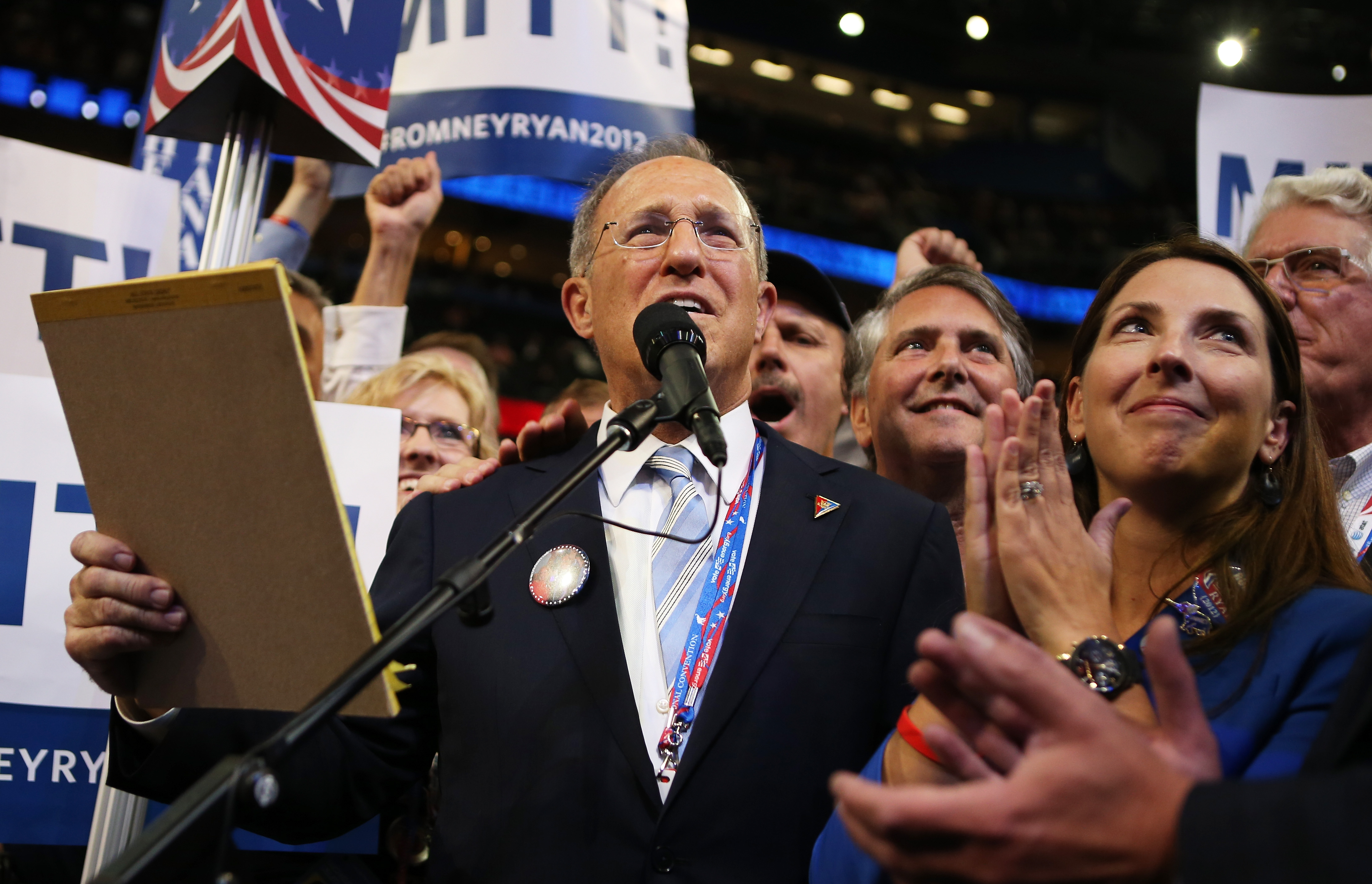 Scott Romney speaks during the Michigan roll call during the Republican National Convention at the Tampa Bay Times Forum on August 28, 2012 in Florida | Source: Getty Images