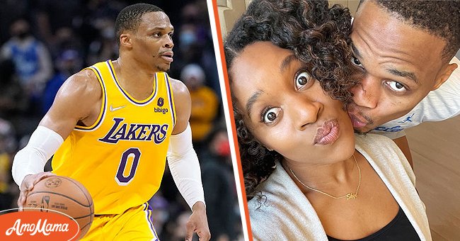 Russell Westbrook playing with the LA Lakers, 2021 [Left] Nina and Russell Westbrook posed for a sweet photo for Instagram [Right] | Photo: Getty Images & Instagram/ninawestbrook