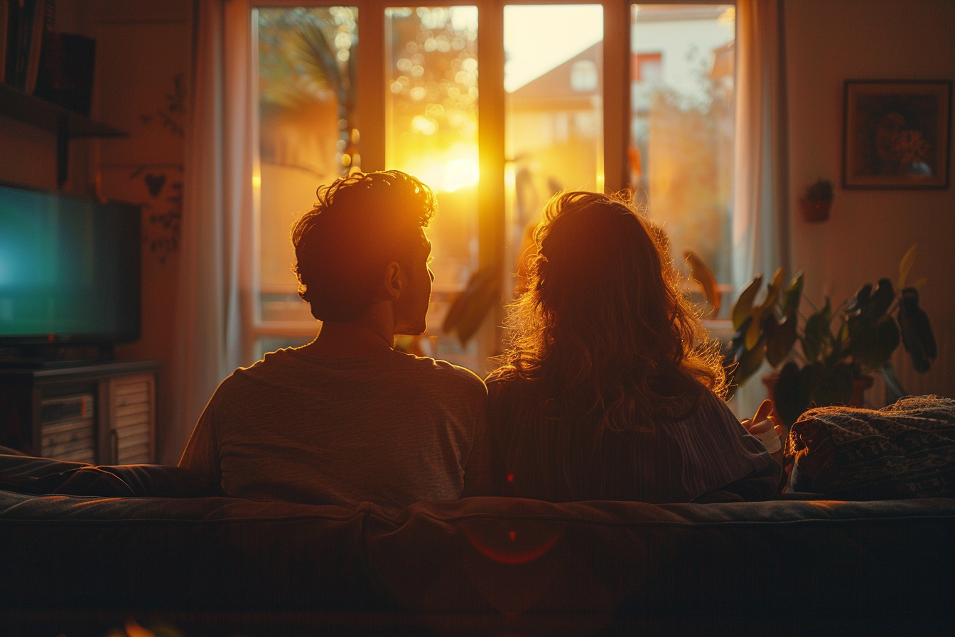 A couple sitting in their living room | Source: Midjourney