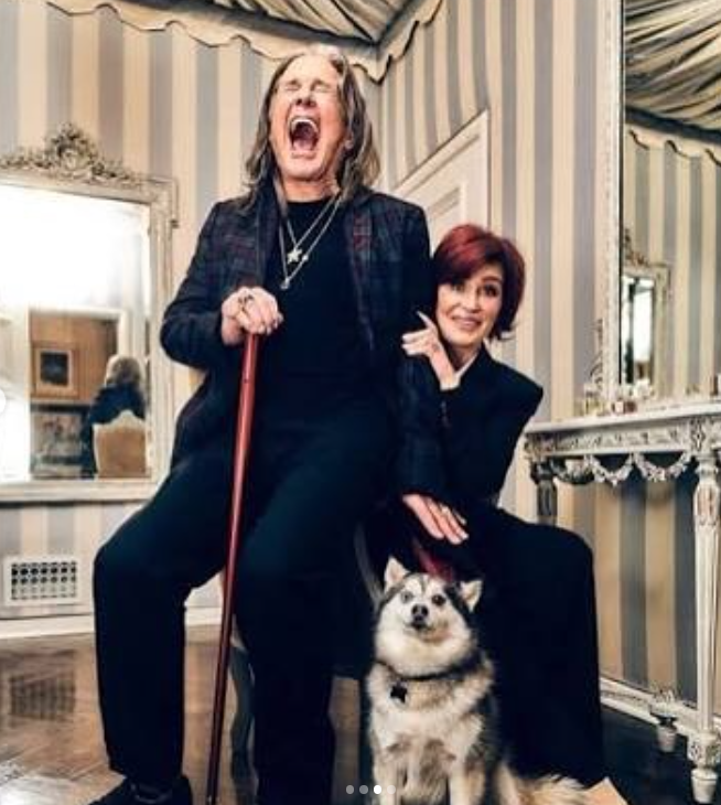 Ozzy and Sharon Osbourne pose with Elvis in their living room, capturing a joyful and stylish family moment, as posted on October 19, 2025 | Source: Instagram/sharonosbourne