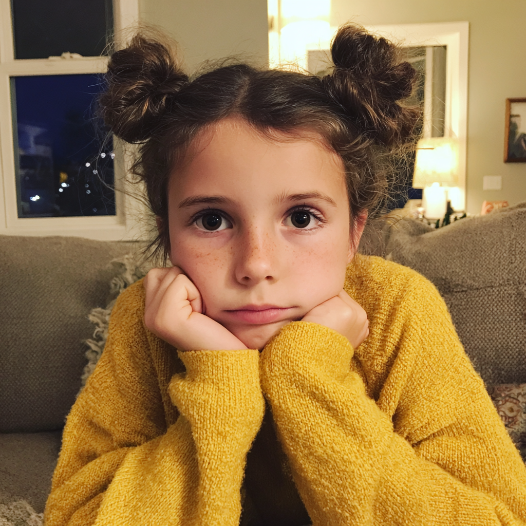 A pensive little girl with space buns | Source: Midjourney