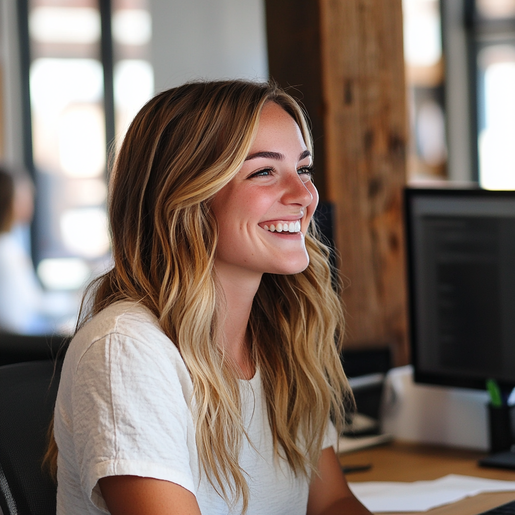 A happy smiling woman at her workplace | Source: Midjourney