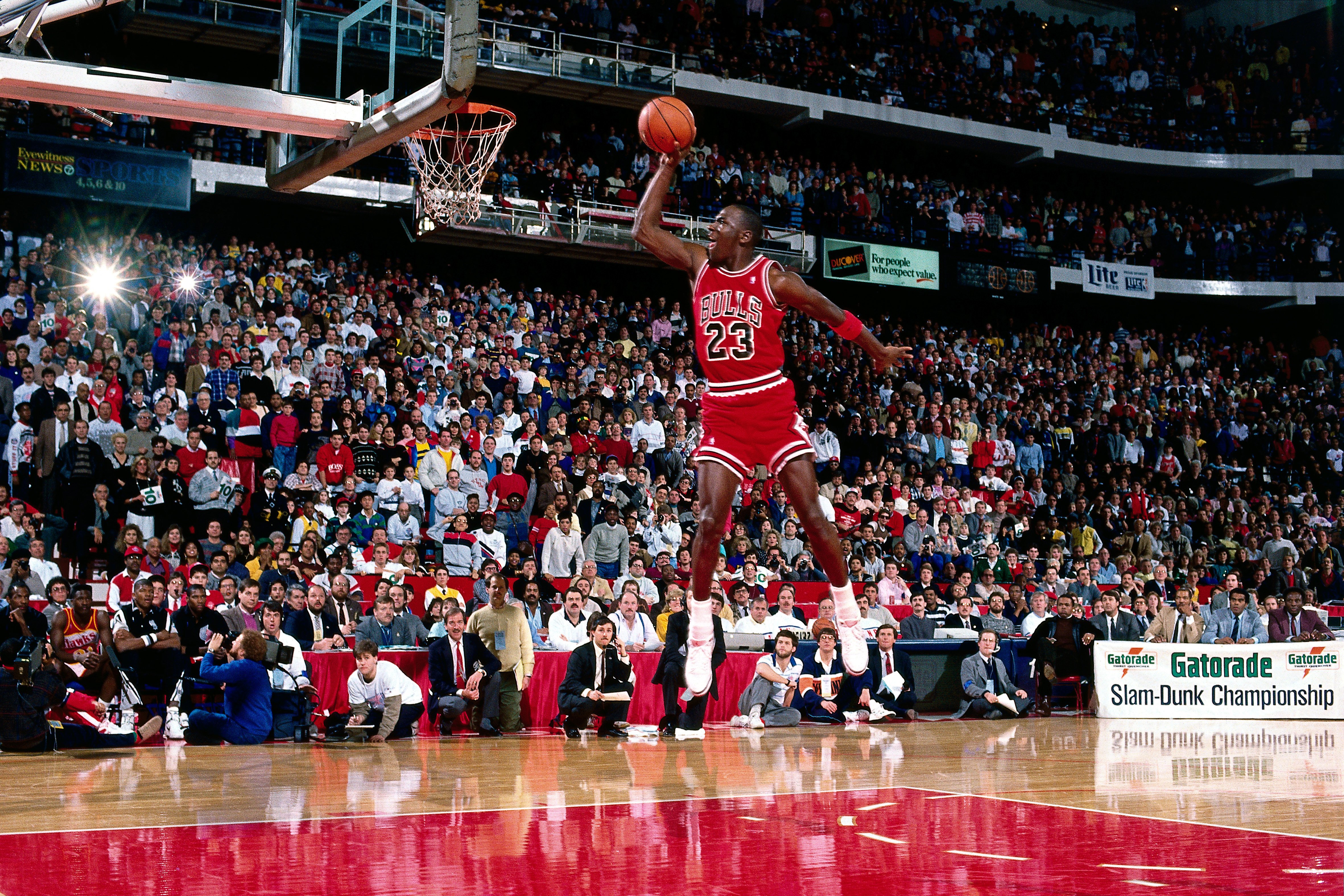  Michael Jordan  during the 1988 NBA All Star Slam Dunk Competition on February 6, 1988 at Chicago Stadium in Chicago, Illinois. | Source: Getty Images