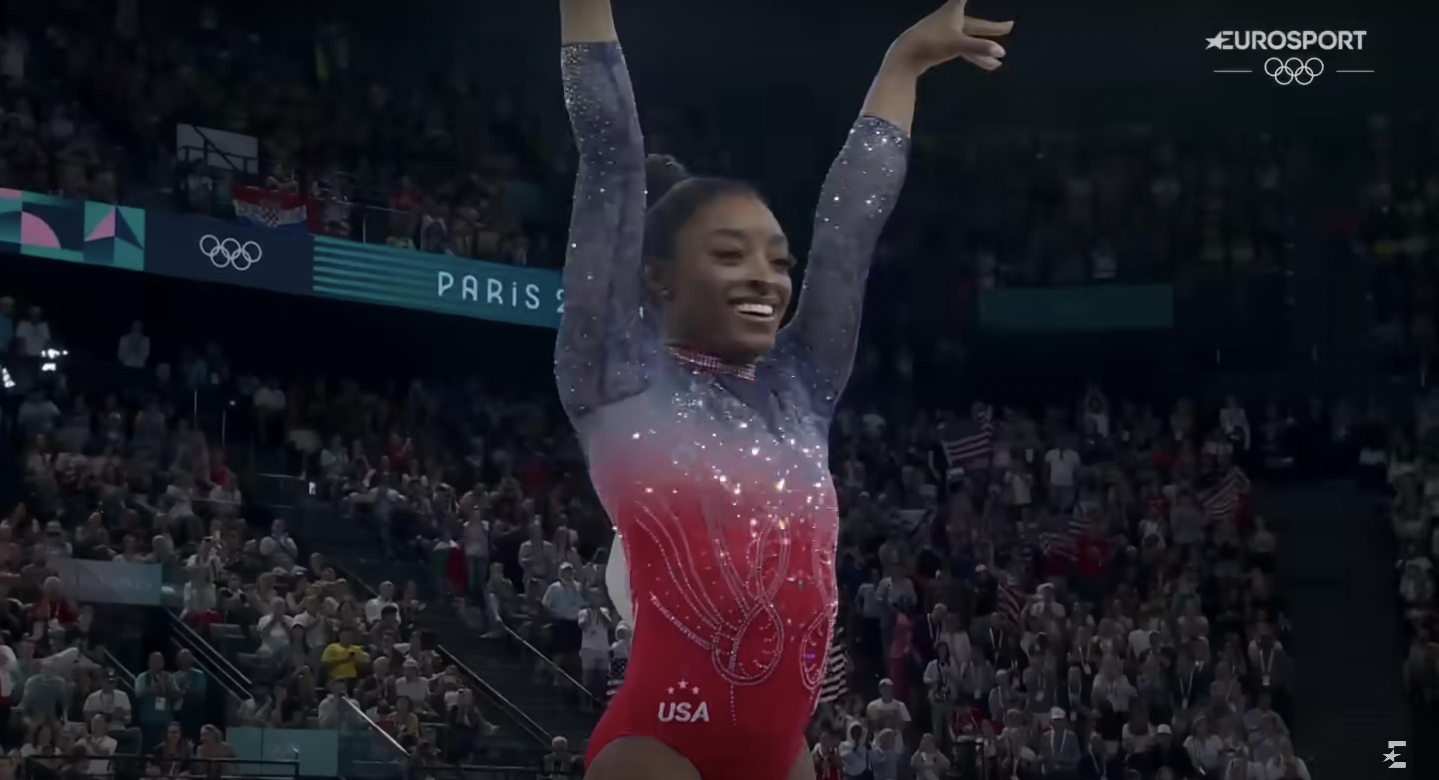 Simone Biles during the women's floor exercise, posted on August 5, 2024 | Source: YouTube/Eurosport