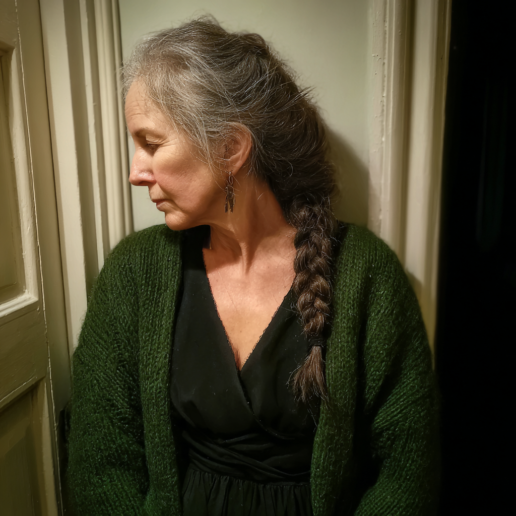 A pensive older woman leaning against a wall | Source: Midjourney