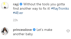 Princess Love's suggestive comment on husband Ray J's Instagram photo. | Photo: instagram.com/rayj