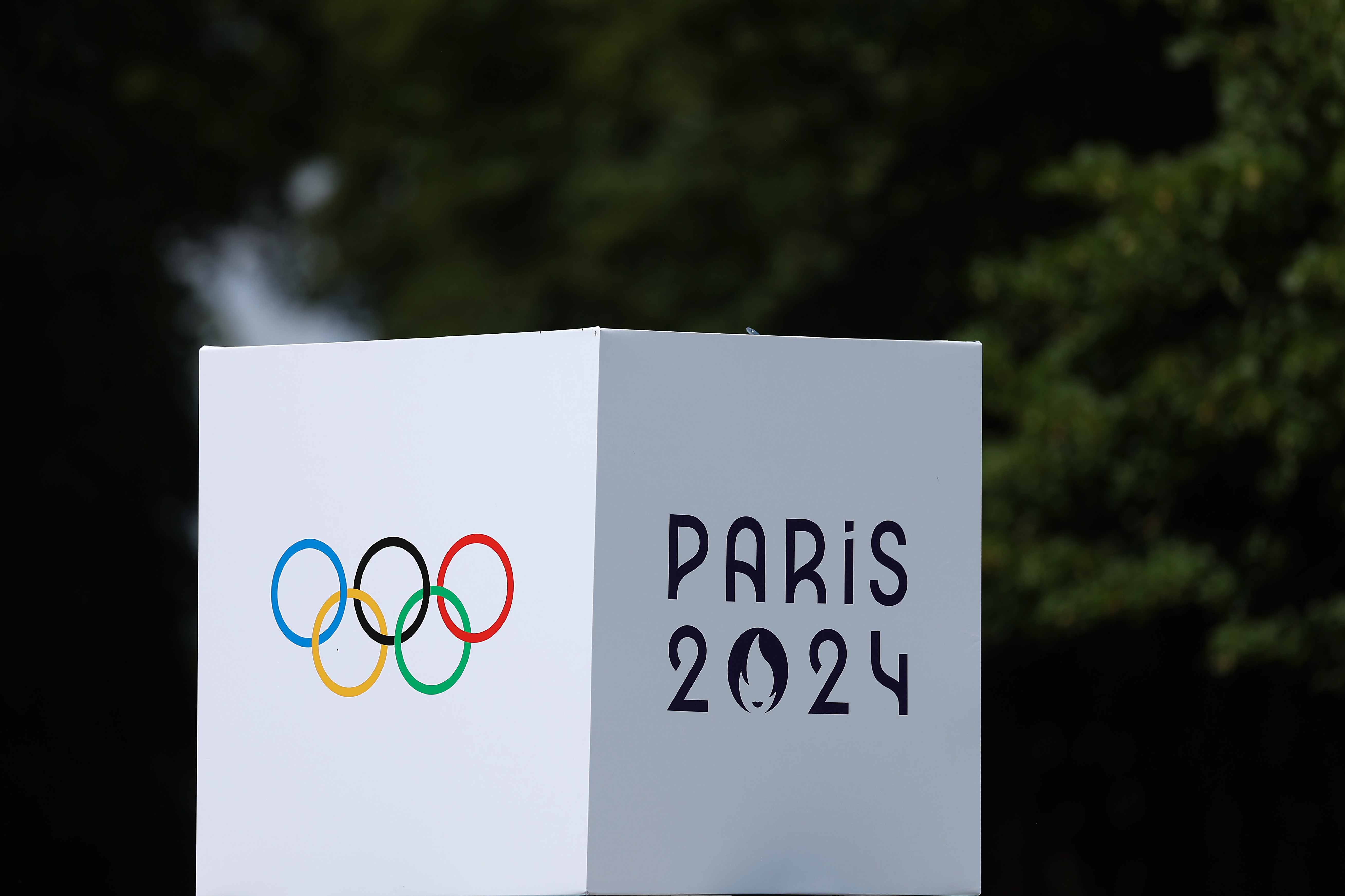 A detailed view of the Paris 2024 Olympics logo on a podium during an Equestrian Eventing training session ahead of the Paris 2024 Olympics Games in Paris, France, on July 24, 2024. | Source: Getty Images