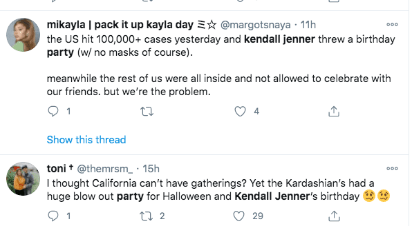 Twitter users post comments on the issue of Kendall Jenner throwing a party during a pandemic. | Photo: Twitter  