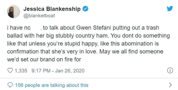 Twitter user Jessica Blankenship comments on Blake Shelton and Gwen Stefani's Grammy performance | Photo: Twitter/ blanketboat