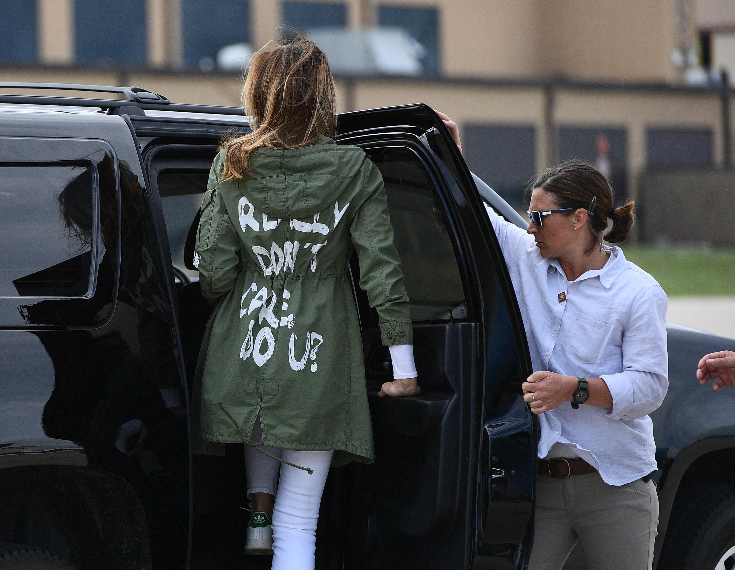 Melania Trump departs Andrews Air Rorce Base in Maryland June 21, 2018 wearing a jacket emblazoned with the words "I really don't care, Do U?" following her surprise visit with child migrants on the US-Mexico border | Source: Getty Images