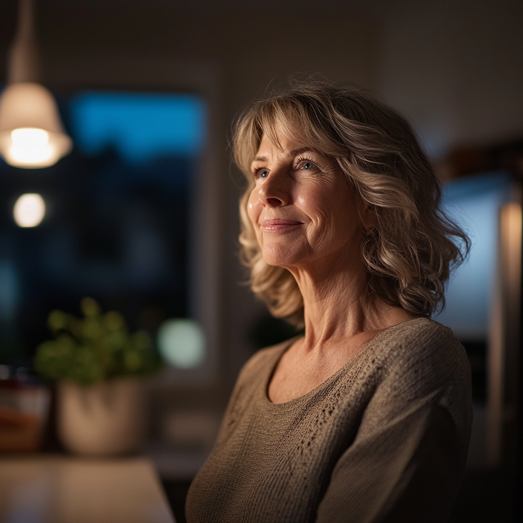 A senior woman forces a smile while looking at someone | Source: Midjourney