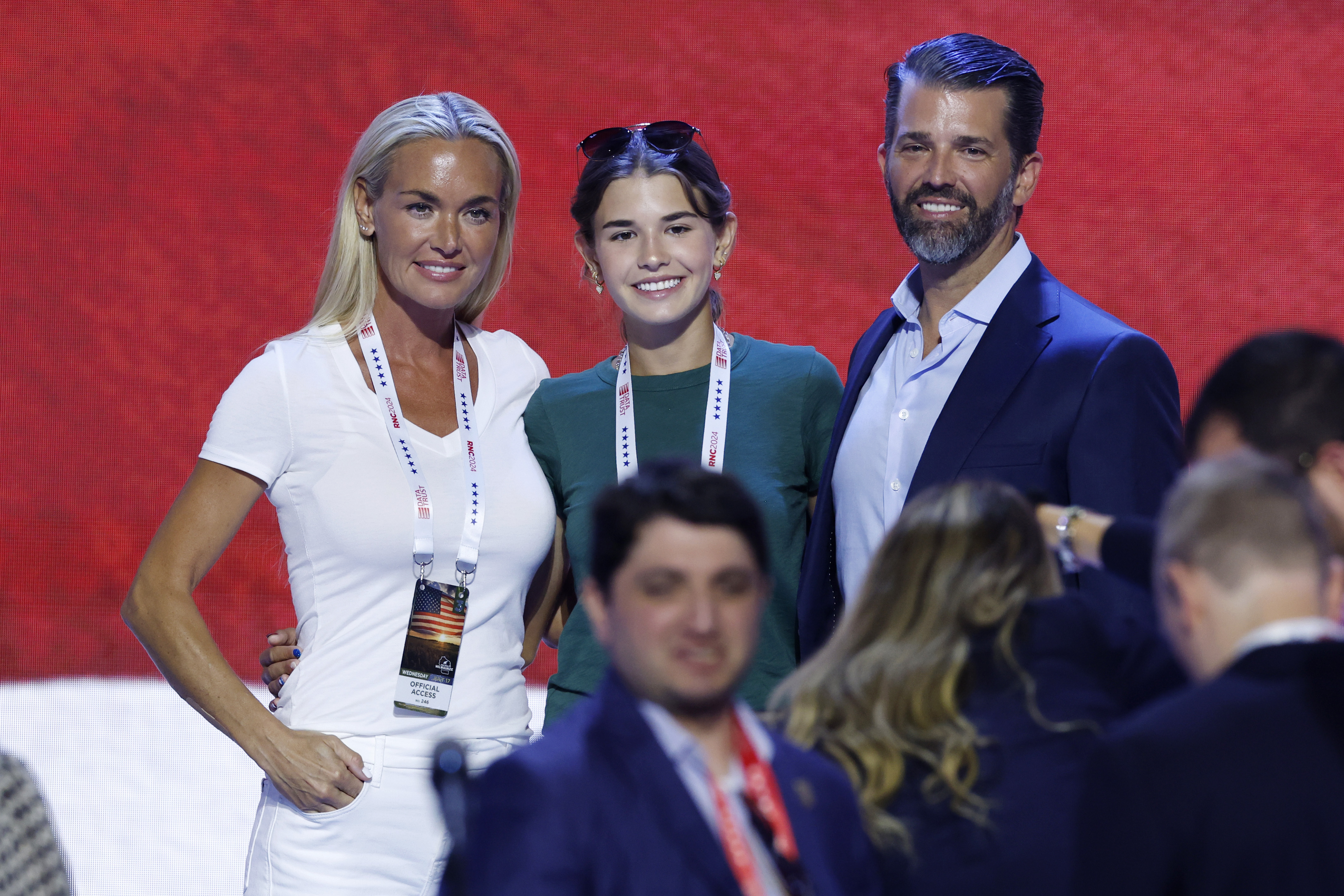 Vanessa and Kai Trump with Donald Trump Jr. during the third day of the Republican National Convention in Milwaukee, Wisconsin on July 17, 2024. | Source: Getty Images