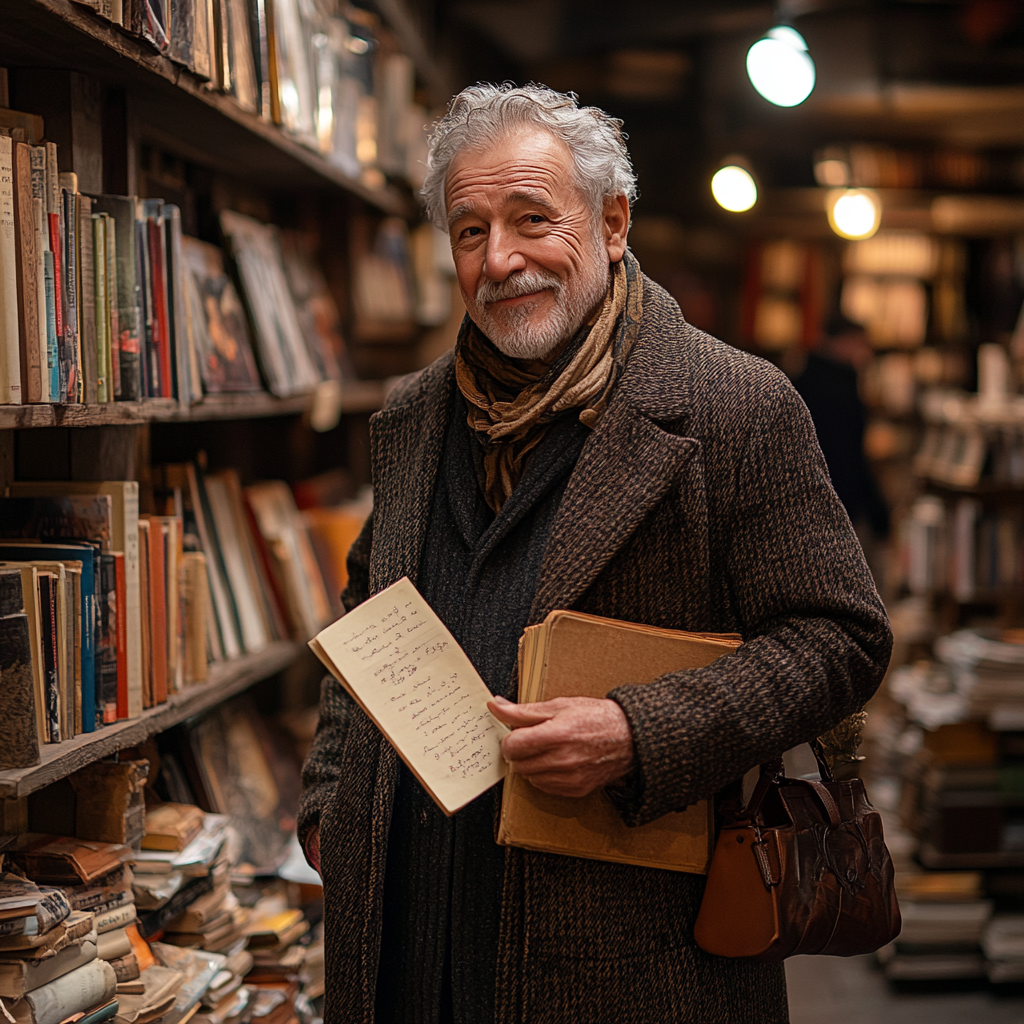 Owner of the book store with a note | Source: Midjourney