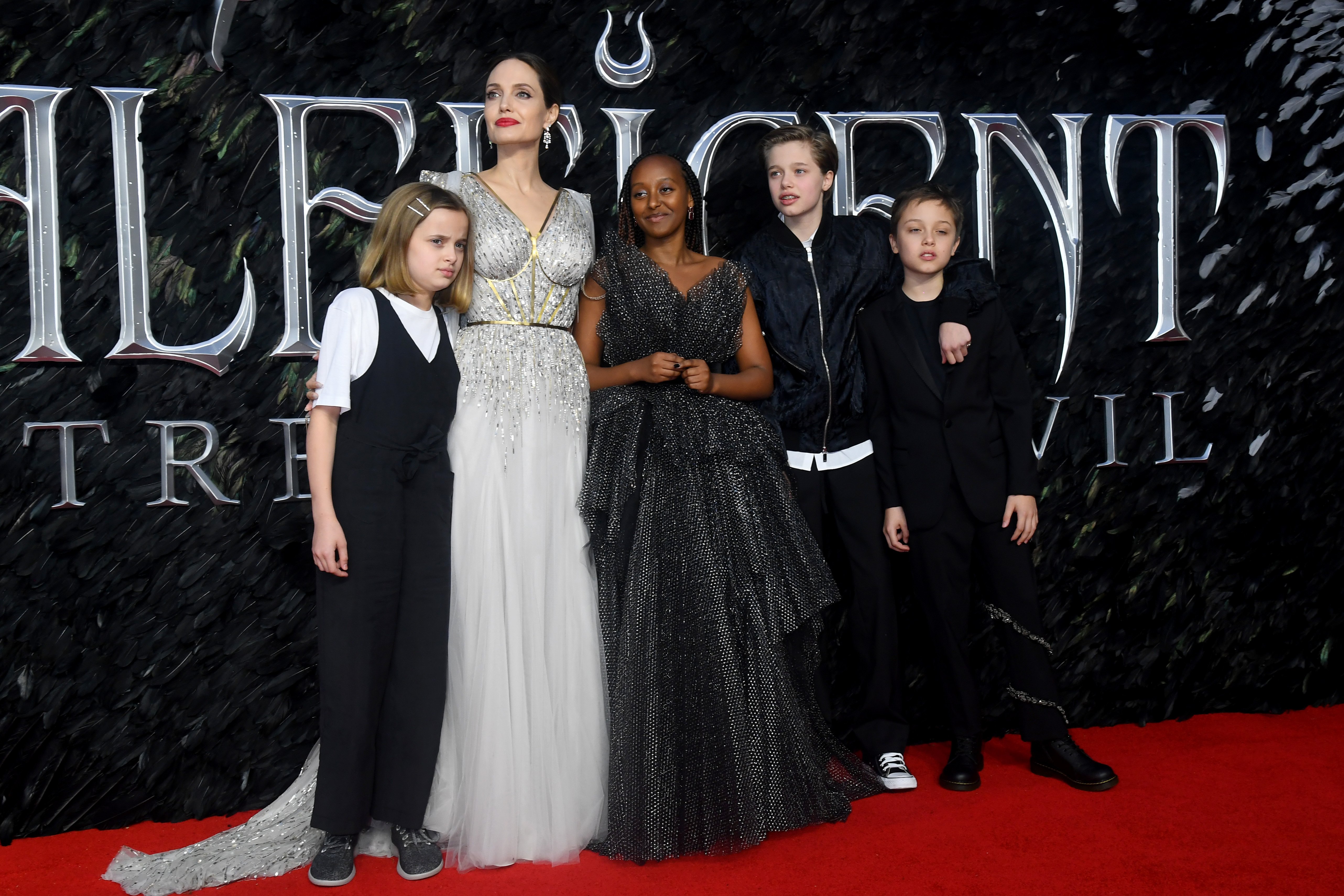 Angelina Jolie with children Vivienne Marcheline Jolie-Pitt, Zahara Marley Jolie-Pitt, Shiloh Nouvel Jolie-Pitt and Knox Leon Jolie-Pitt at the European premiere of "Maleficent: Mistress of Evil" at Odeon IMAX Waterloo on October 09, 2019 in London, England. | Source: Getty Images