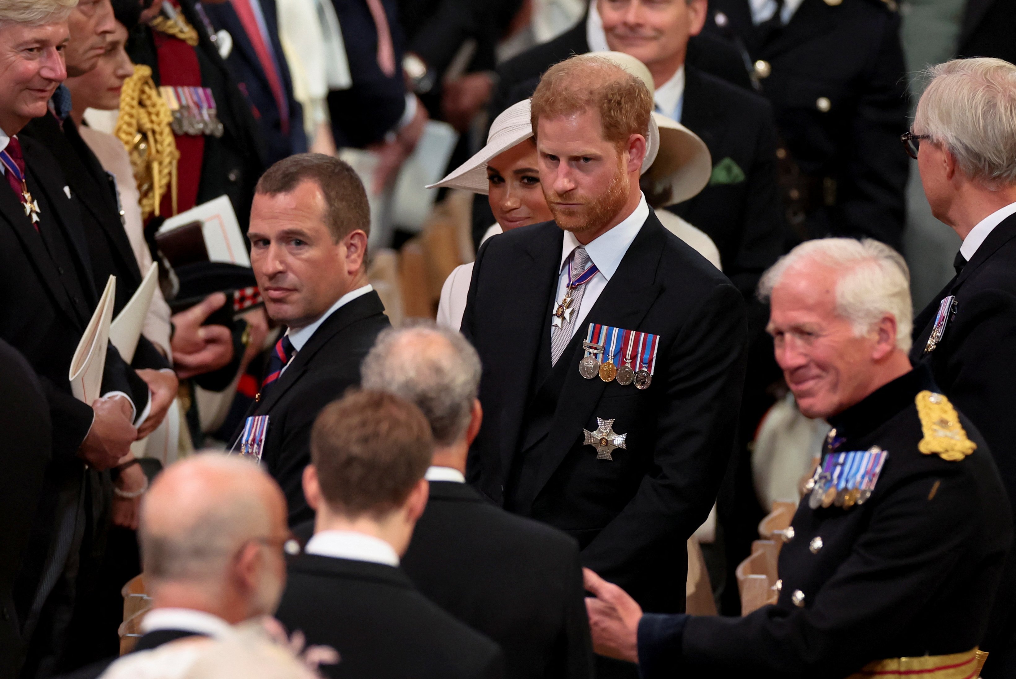 Prince Harry and Duchess Meghan after the National Service of Thanksgiving to celebrate the Platinum Jubilee of the Queen at St Paul's Cathedral on June 3, 2022, in London, England. | Source: Getty Images
