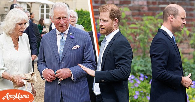 Prince Charles and Camilla Parker Bowles on July 14, 2021 in London, England [left]. Princes Harry and William in Kensington Palace, London on July 1, 2021 [right] | Photo: Getty Images