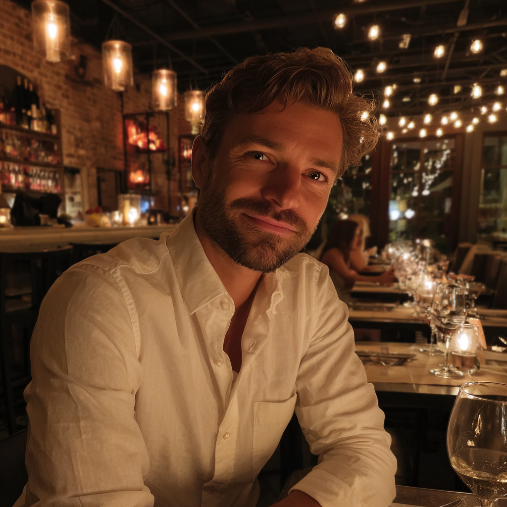 A smiling man sitting at a restaurant | Source: Midjourney