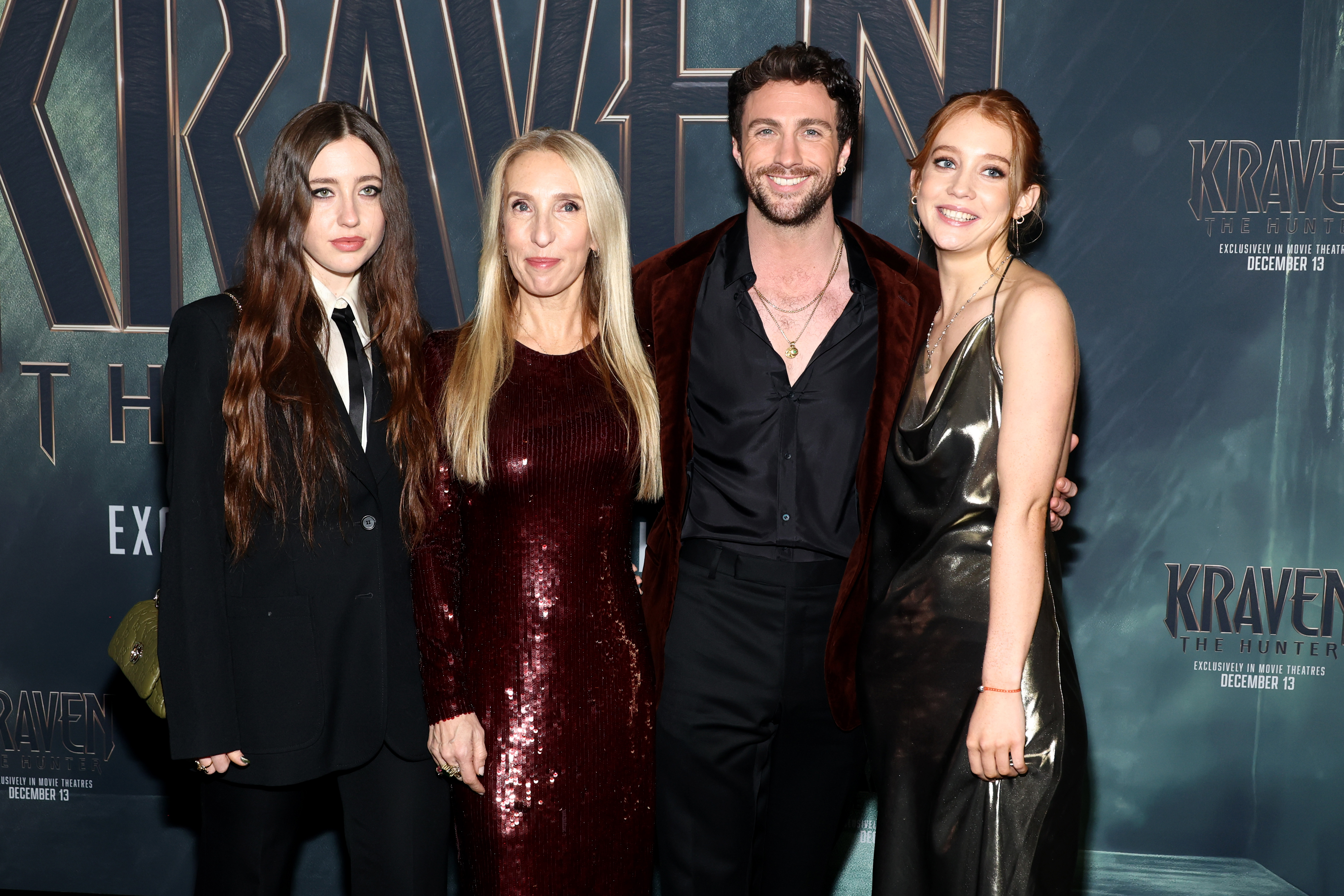 Angelica Jopling, Sam Taylor-Johnson, Aaron Taylor-Johnson, and Jessie Phoenix Jopling attend the premiere of "Kraven The Hunter" | Source: Getty Images