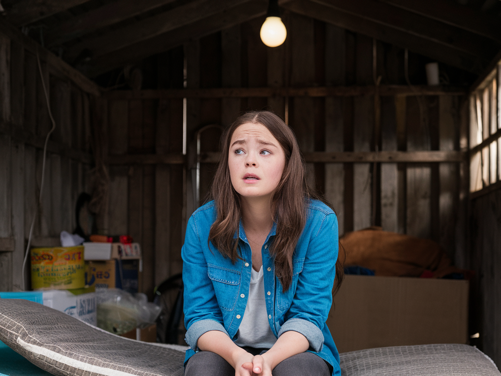 A disconsolate teenage girl sitting on a cot in a garden shed | Source: Midjourney