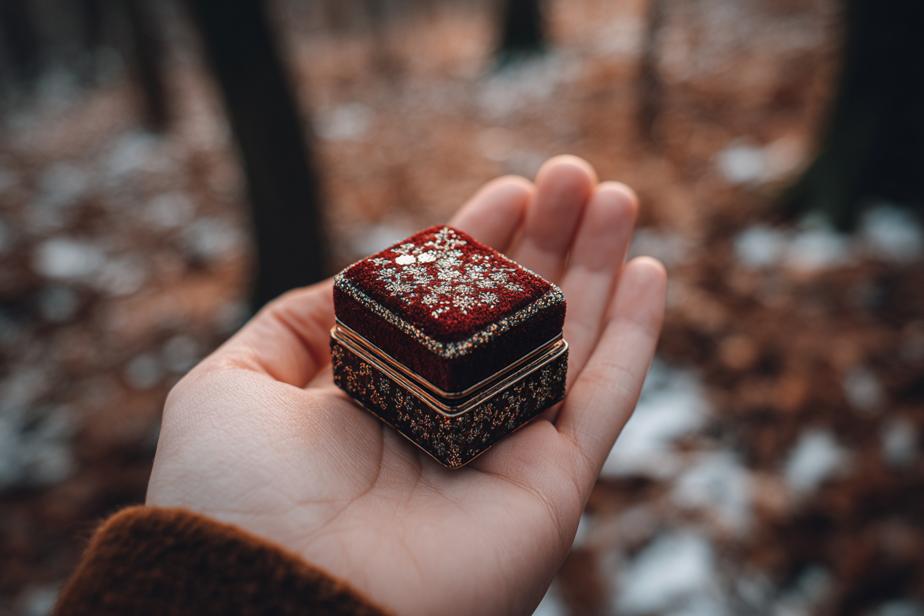 A velvet box in a woman's hand | Source: Midjourney