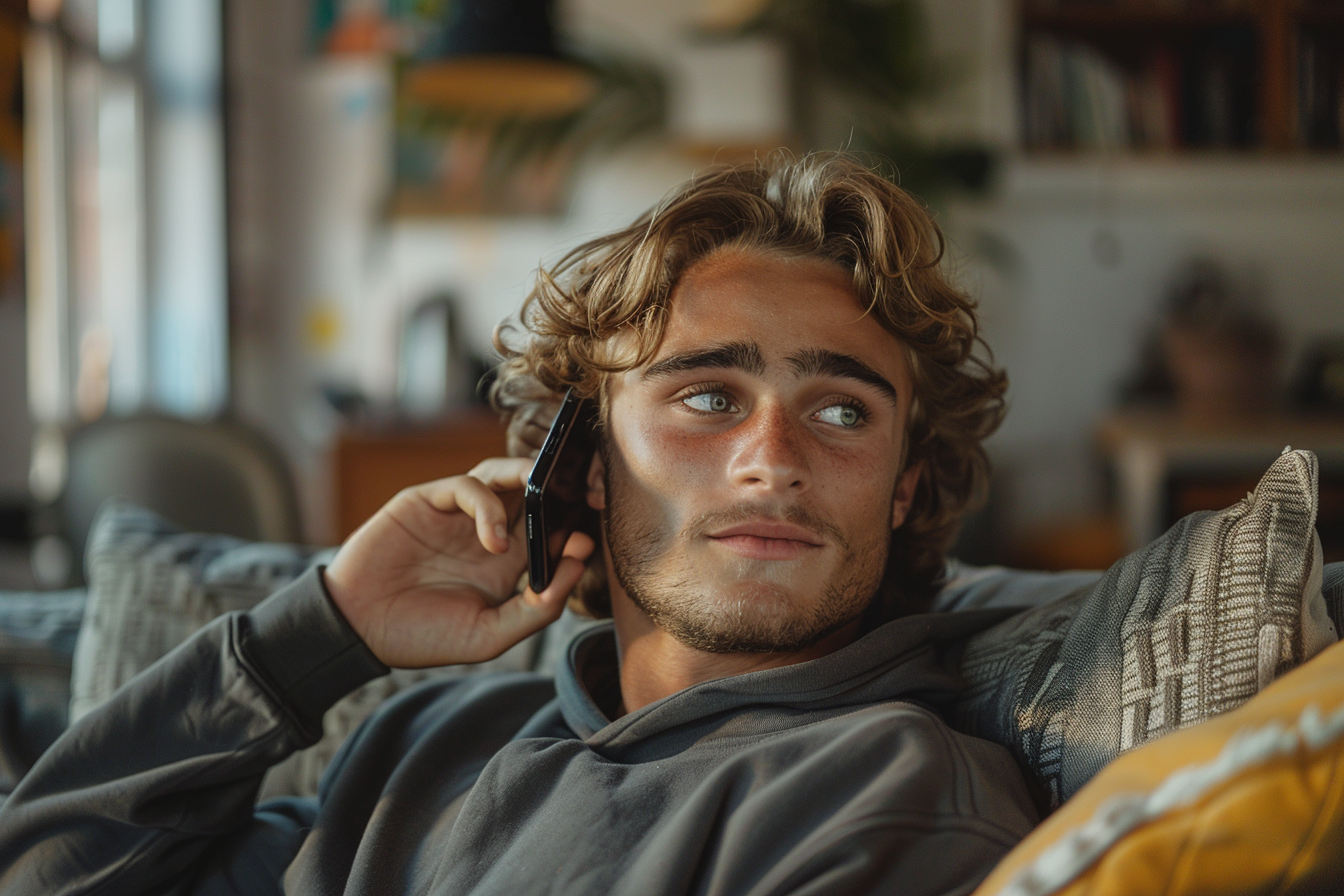 A young man attending a phone call in his living room | Source: Midjourney