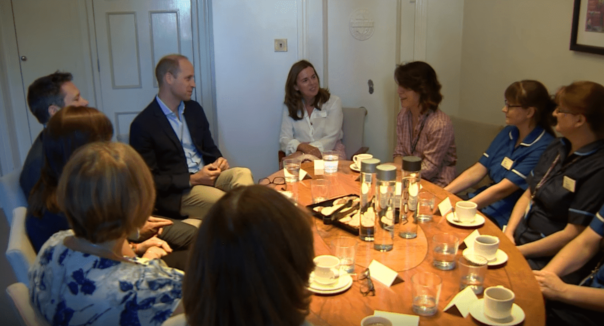 Prince William talks to the staff members at The Royal Marsden. | Source: YouTube/TheRoyalFamilyChannel