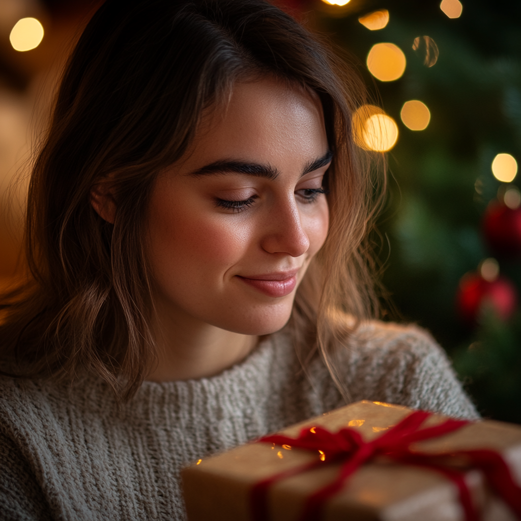 A young woman looking at her gift with a fake smile | Source: Midjourney