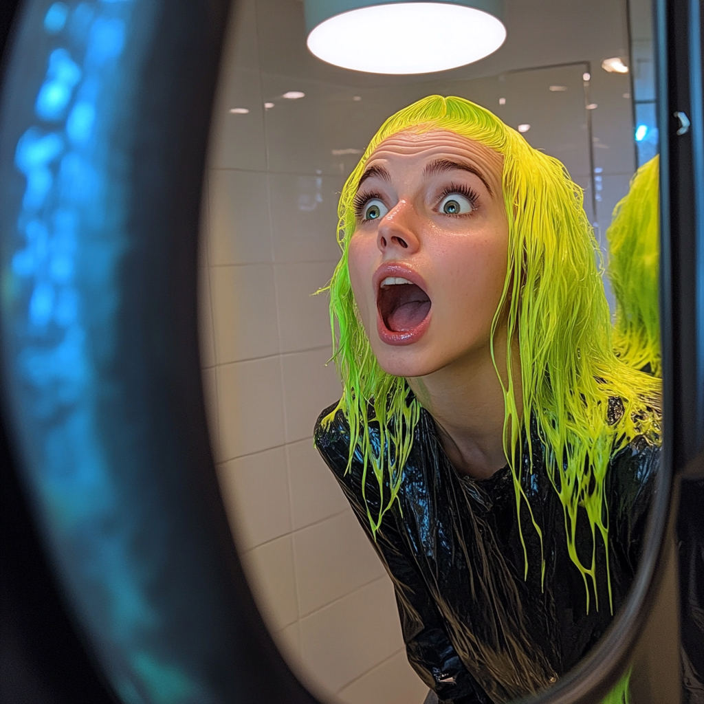 A shocked woman staring at her hair in the hair salon mirror | Source: Midjourney