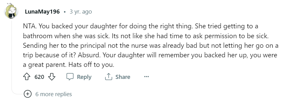 A commenter applauded the young mother for supporting her daughter | Source: reddit.com/r/AmItheAsshole