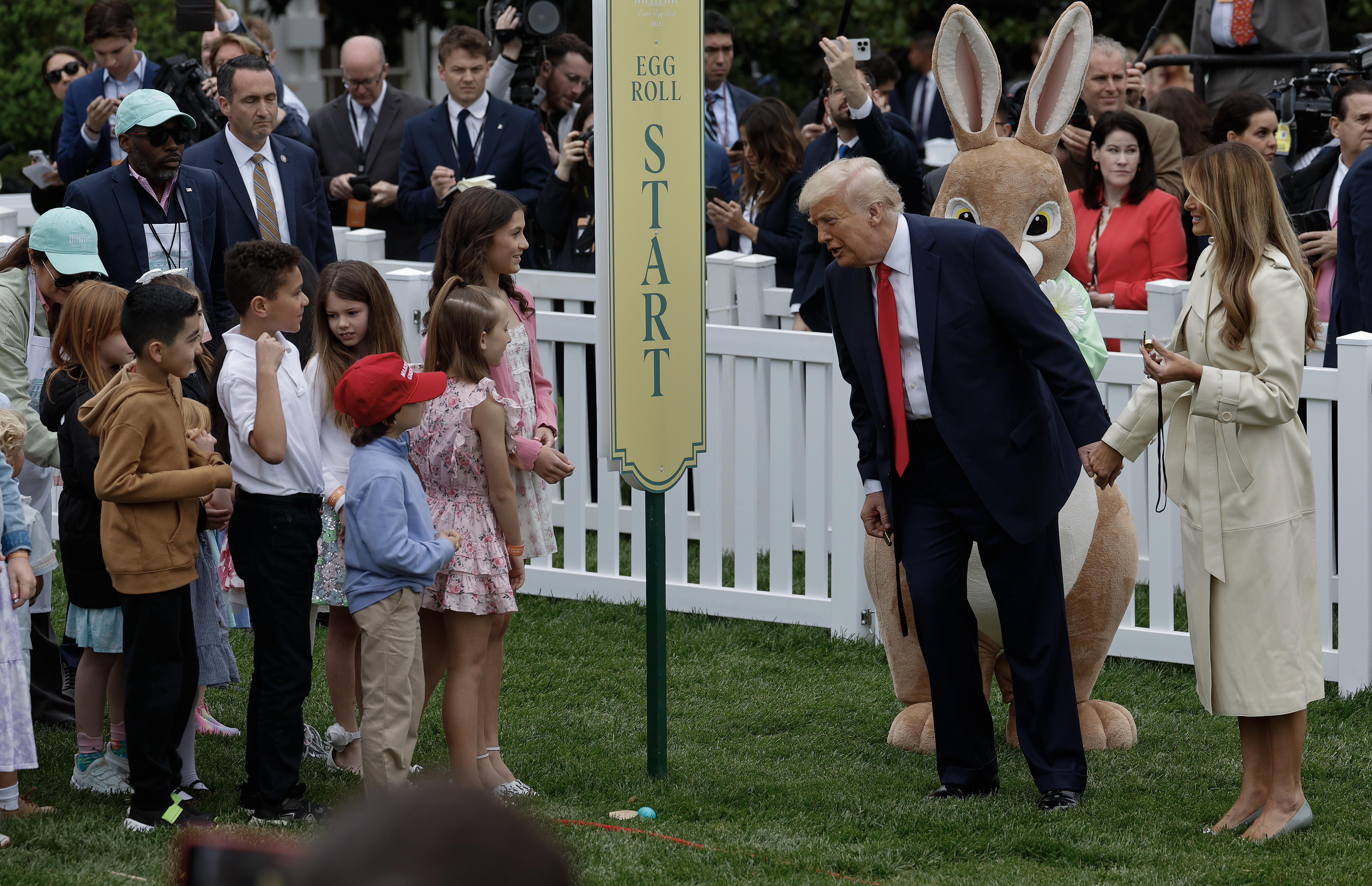 Donald and Melania Trump prepare to start a White House Easter Egg Roll races on the South Lawn on April 21, 2025 in Washington, DC | Source: Getty Images