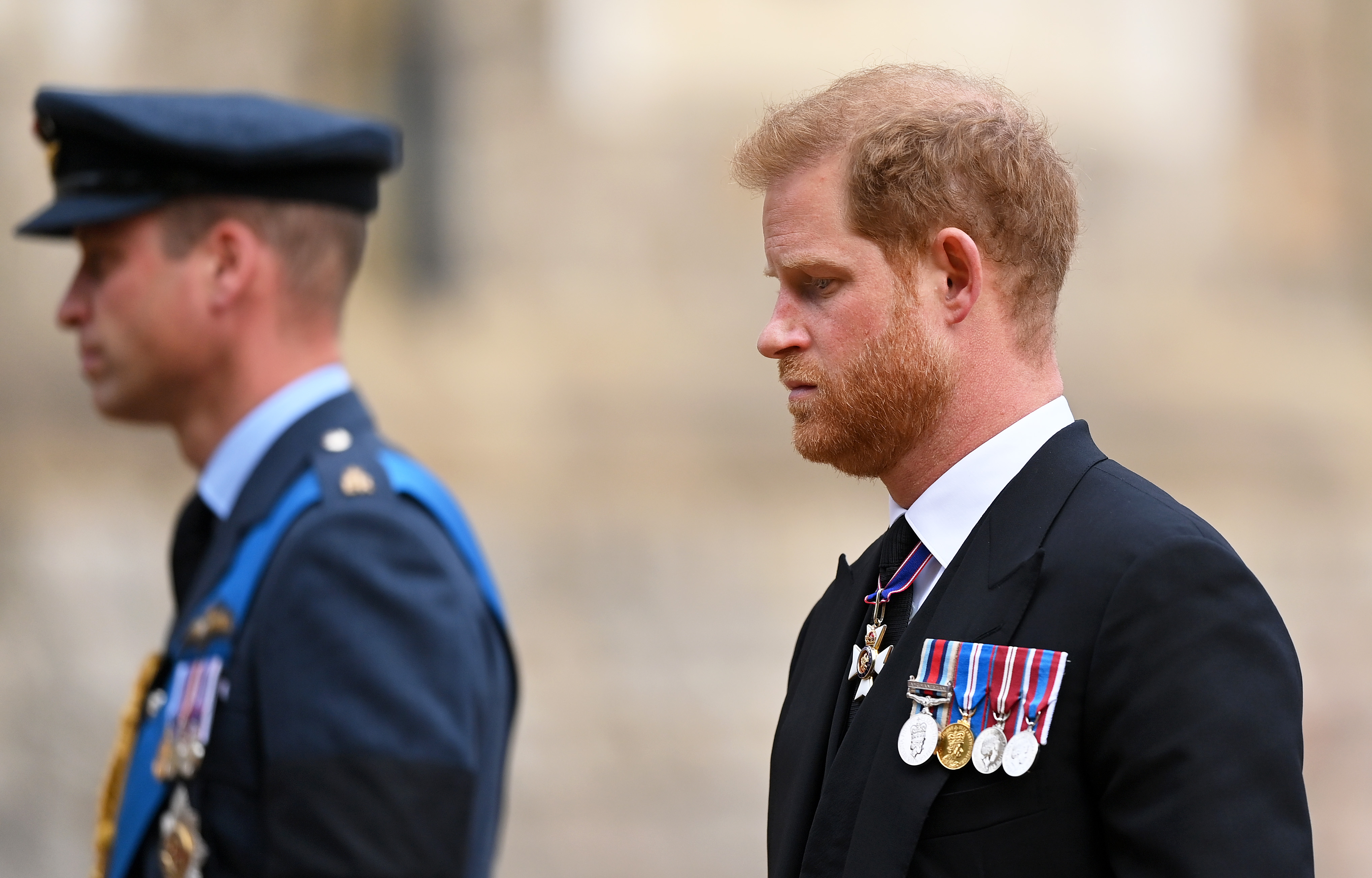 Prince William and Prince Harry join the Procession following the State Hearse on September 19, 2022, in Windsor, England. | Source: Getty Images