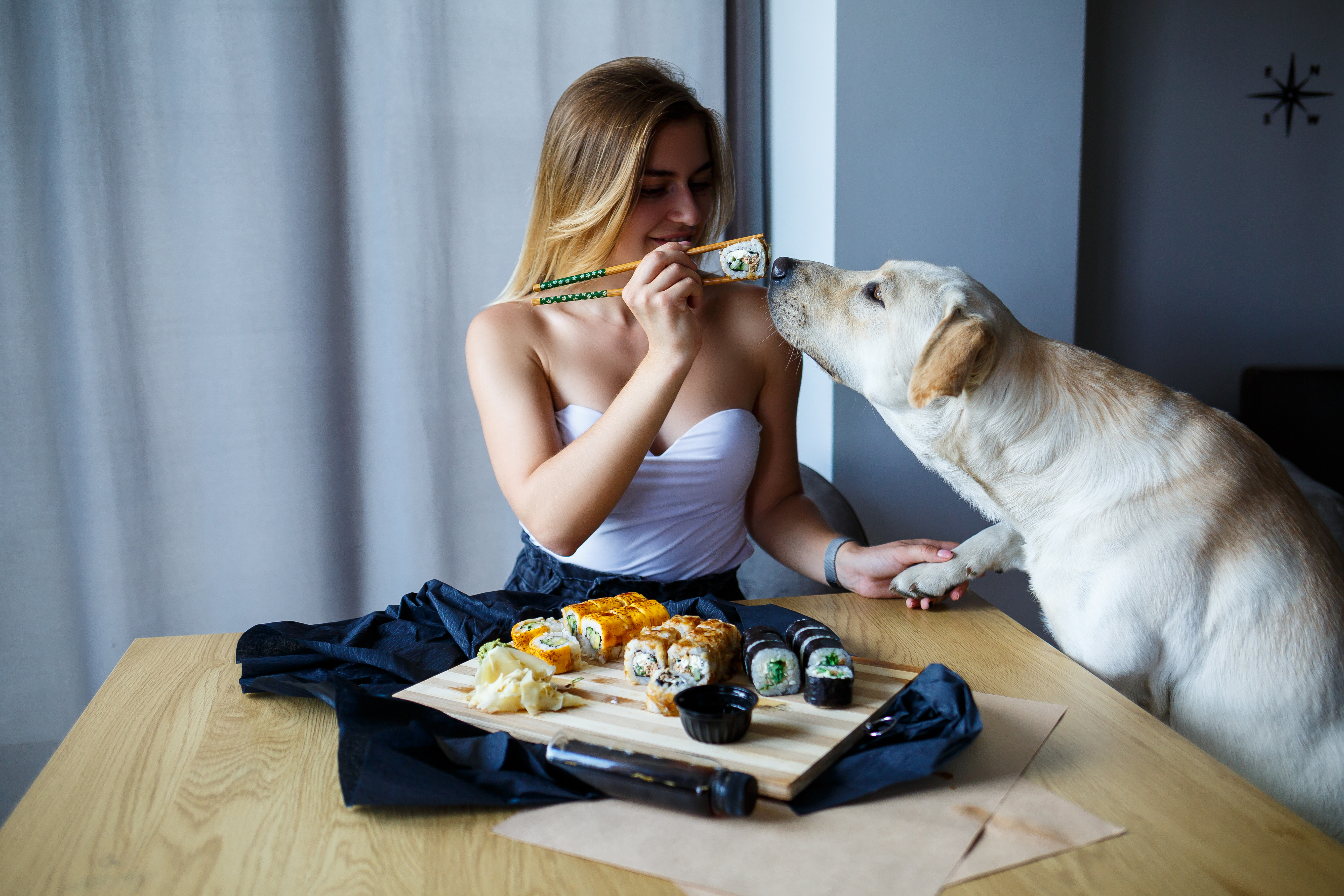 A woman holding a piece of sushi while a dog sniffs it. | Source: Shutterstock