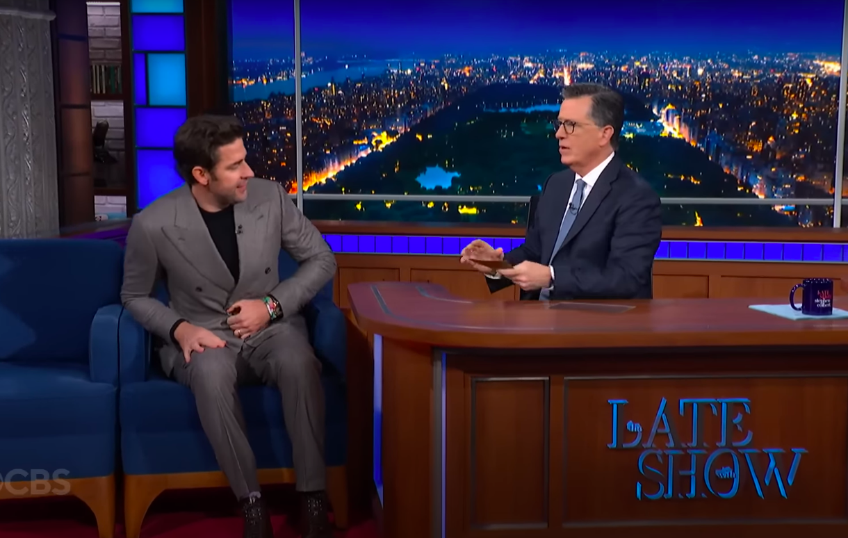 John Krasinski and Stephen Colbert. | Source: YouTube/The Late Show with Stephen Colbert