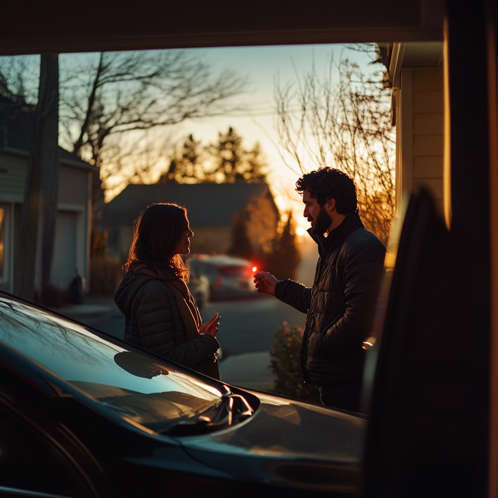 Man and a woman talking while standing next to a car | Source: Midjourney