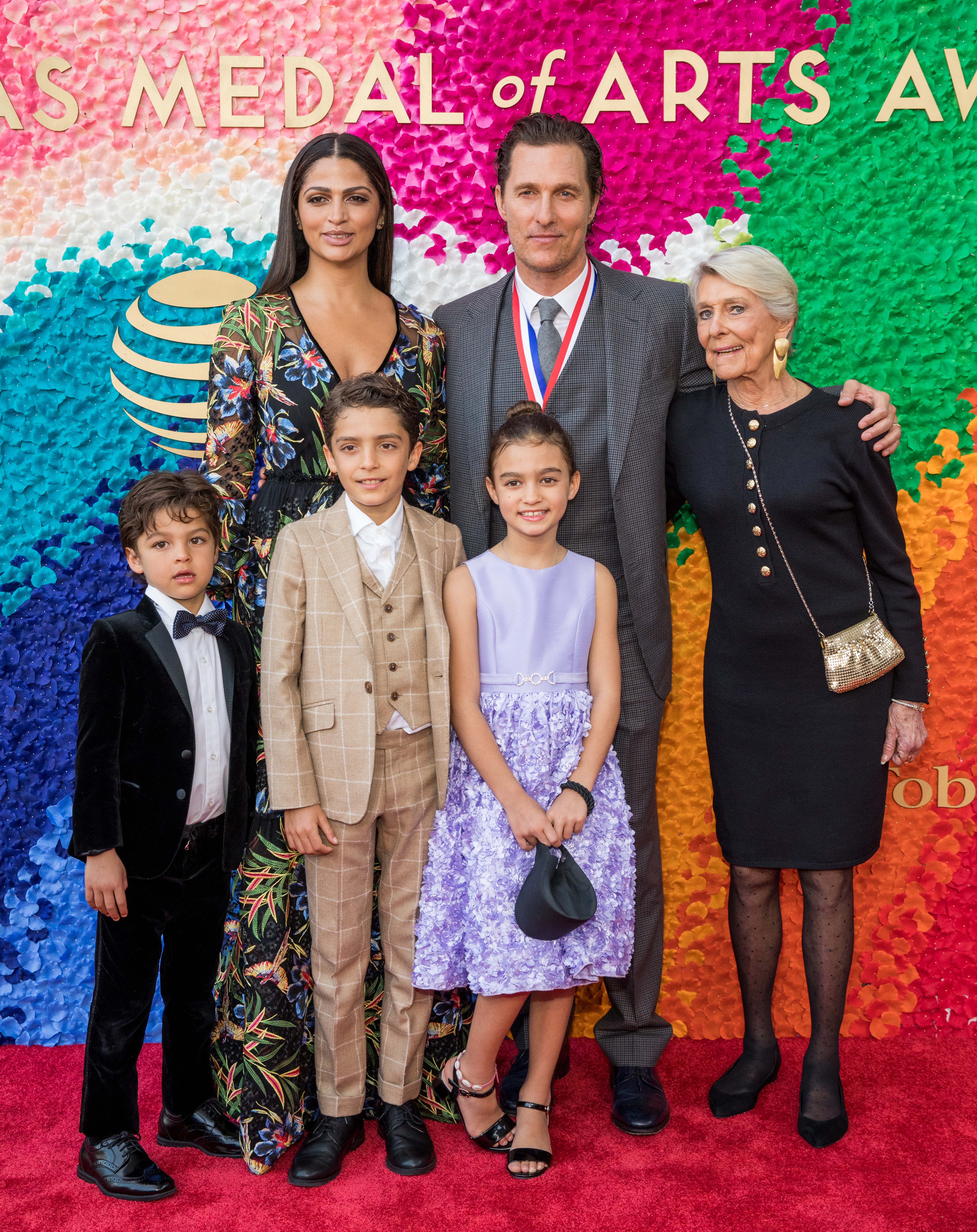 Livingston Alves McConaughey, Camila Alves, Levi Alves McConaughey, Matthew McConaughey, Vida Alves McConaughey, and Kay McConaughey at the Texas Medal of Arts Awards on February 27, 2019, in Austin, Texas | Source: Getty Images