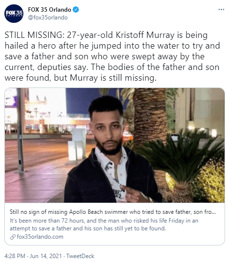 Fox 35 Orlando stated that Kristoff Murray is still missing. | Photo: Twitter/fox35orlando
