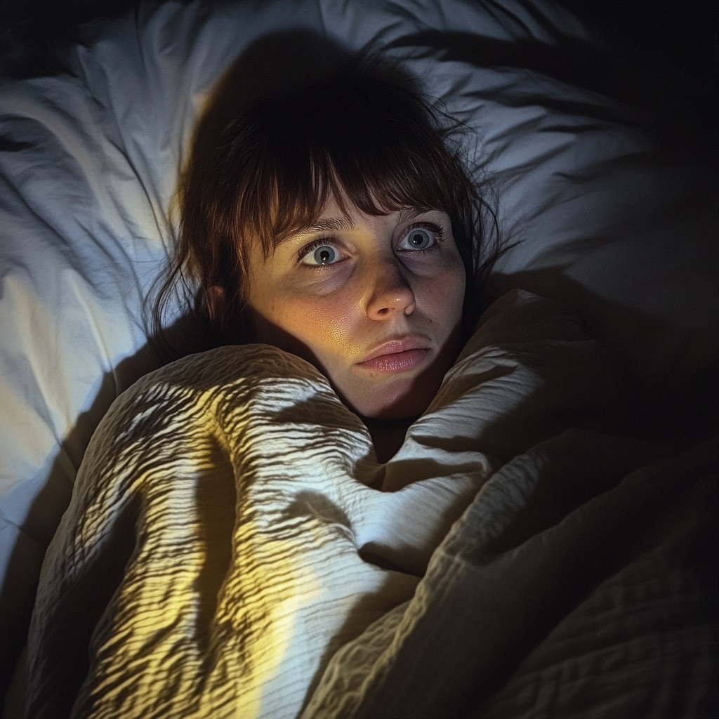 A paranoid woman lying in bed | Source: Midjourney