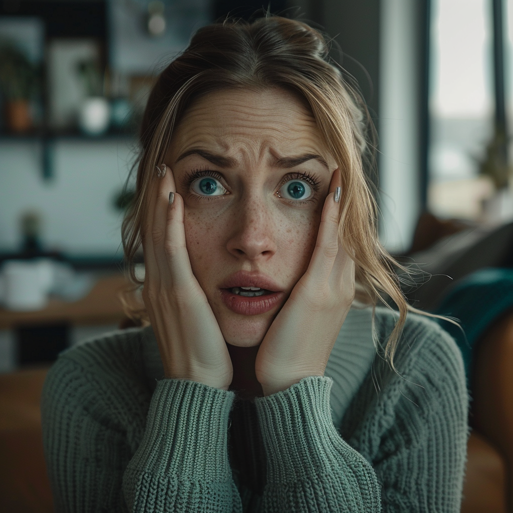 A shocked woman sitting in a living room | Source: Midjourney