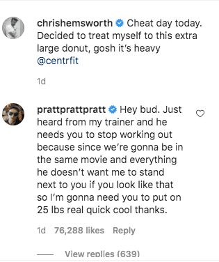 Chris Pratt's comments under a post made by Chris Hemsworth on his Instagram page. | Photo: Instagram/chrishemsworth