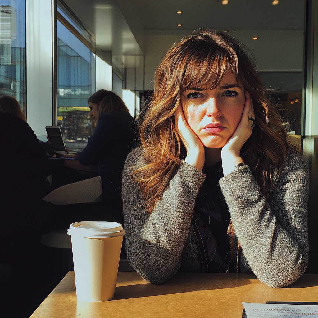 An upset woman sitting at a coffee shop | Source: Midjourney